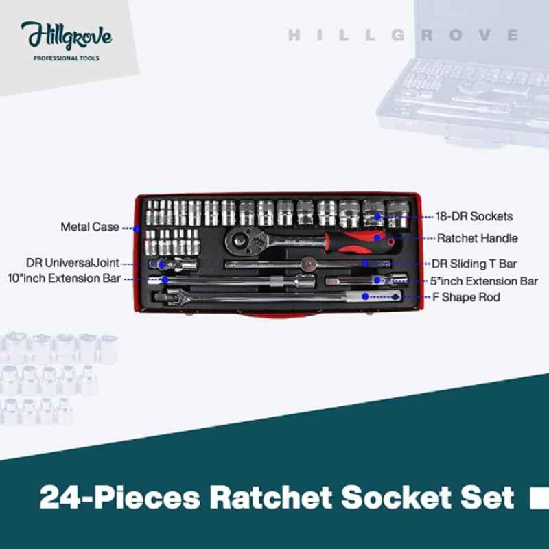 Hillgrove 24 Pcs Heavy 1/2 inch Hex Ratchet Spanner Tool Set with Carry Case